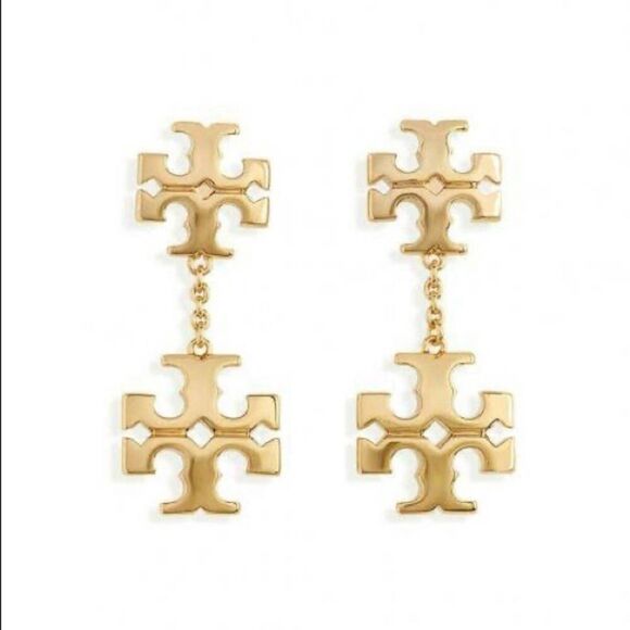 NWOT Tory Burch Gold Double Logo Dangle Earrings - Picture 2 of 5